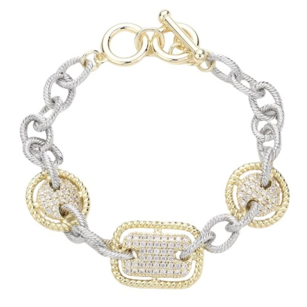CZ Stone Paved Two Tone Evening Toggle Women Bracelet